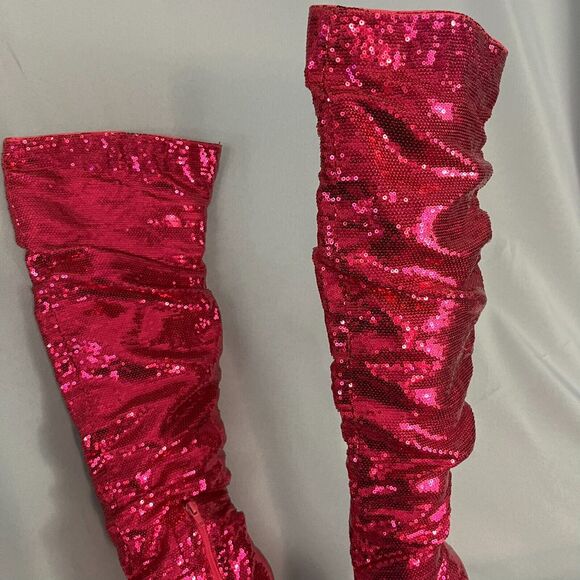 Womens Knee High Boots 6 Metallic Pink Sequin Pointed Toe Stiletto Heel Side Zip - Picture 11 of 11